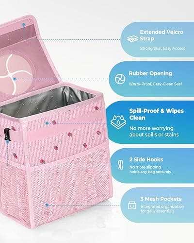 HORJONES Corduroy Car Trash Can with Lid and Mesh Pockets - Leakproof Organizer,Multipurpose Waterproof Garbage Can/Trash Bin for Car(Pink Base with Red Strawberry Print -2 Gallons) thumbnail 3
