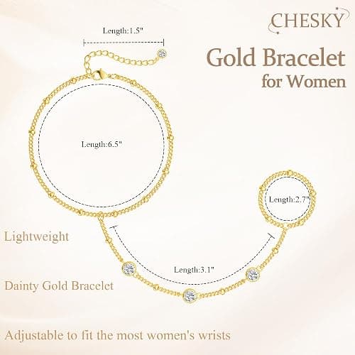 CHESKY 14K Gold Plated Hand Chain Bracelets for Women Stack Jewelry | Dainty Finger Ring Bracelet, Adjustable Hand Chains, Waterproof Beaded Gold Bracelets, Daily Body Jewelry Gift for Women thumbnail 6