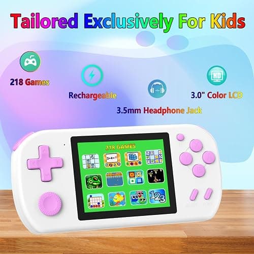 TEBIYOU Handheld Games for Kids Built-in 218 Video Games, Portable Kids Travel Toys for Ages 4-13 with Rechargeable Battery 3.0" HD Screen, Mini Gaming Player Birthday Gifts for Boys Girls (White) thumbnail 2