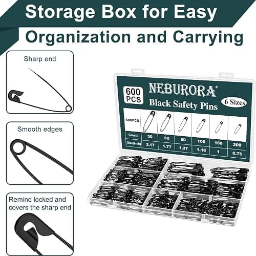 NEBURORA 600Pcs Black Safety Pin Assorted Size Safety Pin Small and Large Safety Pins for Clothes Home School Office Sewing Craft and Arts Pinning thumbnail 3