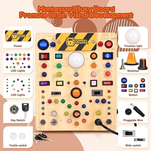 Busy Board with 19 LED Light Switches, Montessori Toys for 1 2 3 Years Old, Wooden Sensory Board, Toddlers Activity Travel Toys for 1 2 3 Year Old Boy & Girl Birthday Gift (Big) thumbnail 2