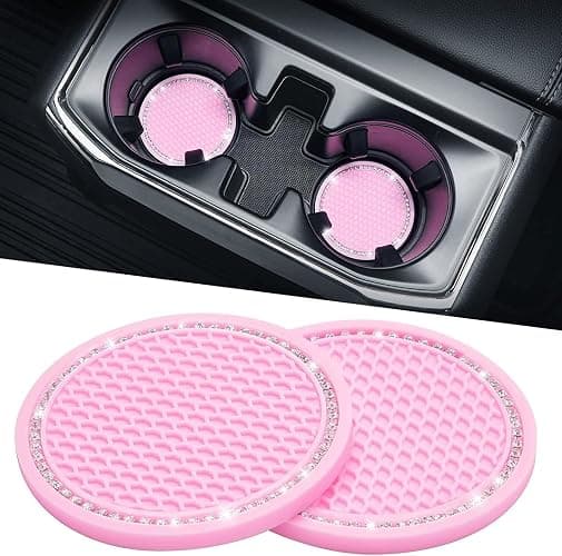 JOYTUTUS Cup Holder Coasters for Car, 2 Pack Universal Anti-Slip Car Coasters with Crystal Rhinestone, 2.75 inch/6.98 cm PVC Cup Holder Insert Coaster, Pink Car Accessories (Pink with Diamond) - Pink - 1Pack - Image 1