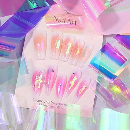 Aurora Glass Paper Nail Art Sticker 10 Sheets Gradient Laser Broken Glass Paper Nail Decals Reflective Mirror Design Cellophane Nail Supplies for Girls Women DIY Nail Art Decoration thumbnail 5