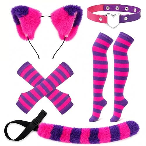 Matiniy Pink Purple Striped Cat Costume With Cat Ears,Furry Tail,Choker,Striped Socks Gloves for Women Halloween Dress up - Image 1