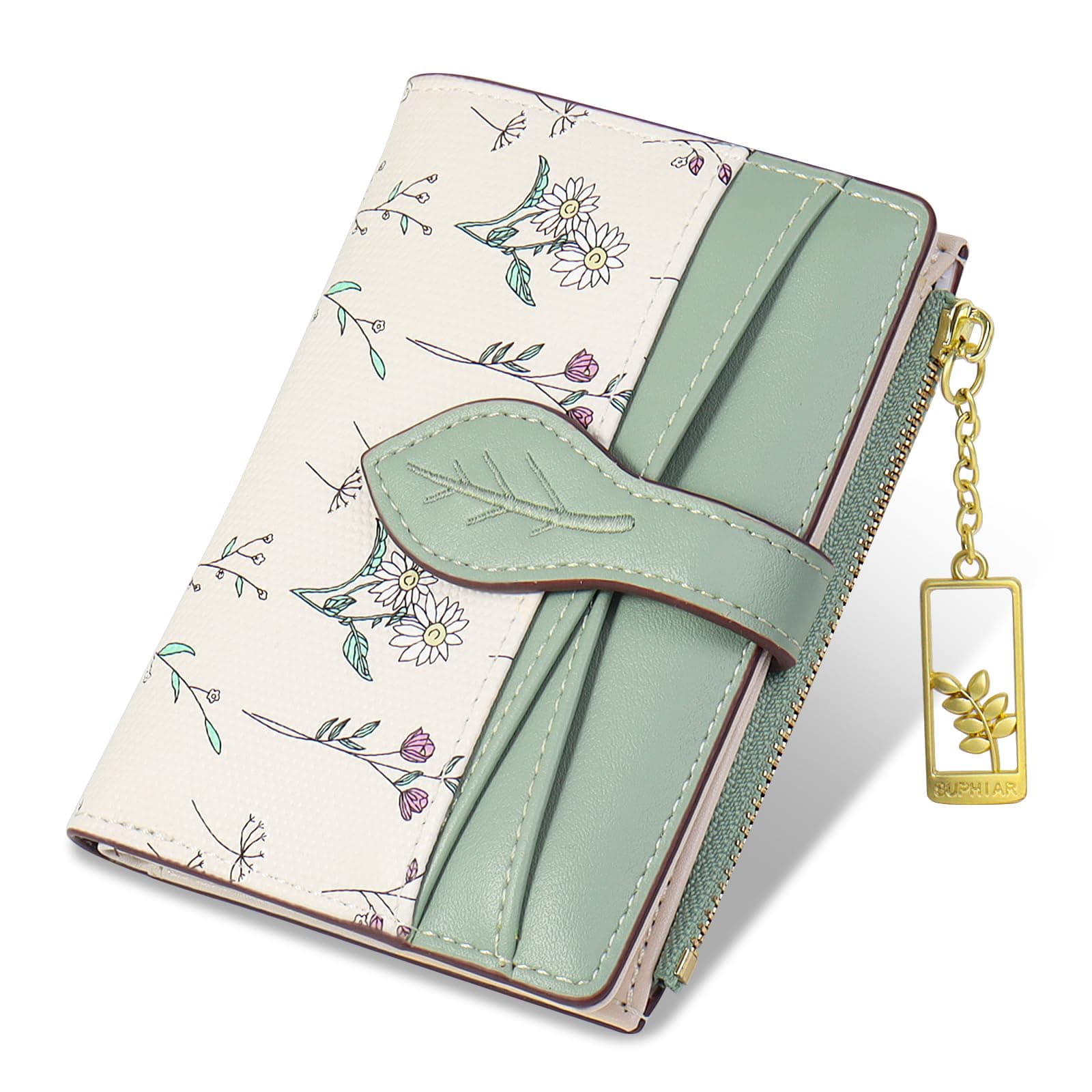Wallets for Women- RFID Blocking- Soft PU Leather Bifold Coin Zipper Pocket Purse-Small flower wallet Credit Card Holder with ID Window (Green) - Image 1