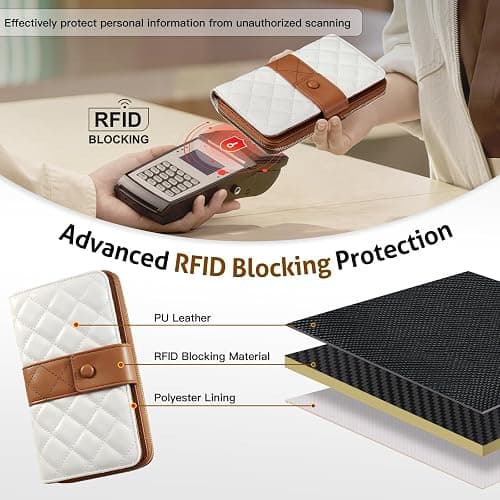 TiMOVO Leather Wallet for Women with RFID Blocking, Holds 12 Cards, Wrist Strap, Large Capacity Travel Purse, Beige + Brown thumbnail 5