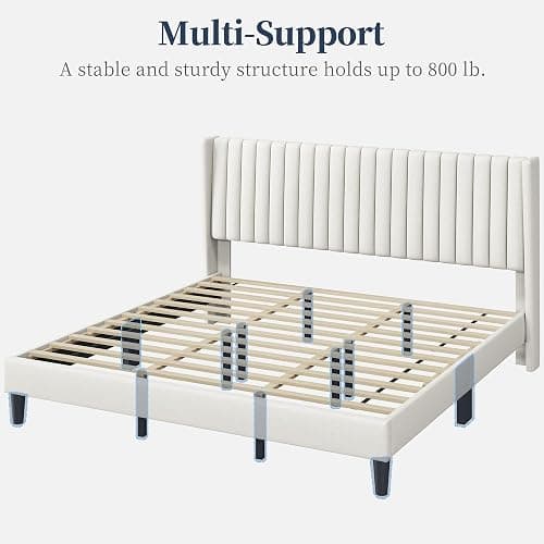 Yaheetech King Bed Frame Upholstered Platform Bed with Fabric Headboard, Wing Edge Design/Non-Slip and Noise-Free/Wooden Slats Support/No Box Spring Needed/Easy Assembly, Ivory King Bed thumbnail 7