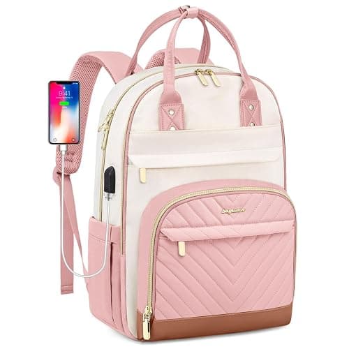 School Backpack for Women Teen Girls - 15.6 inch Laptop Backpack with USB Charger Waterproof College Bookbag Casual Daypack Computer Backpack for Work Travel Backpacks for Teacher Nurse Pink Beige - Image 1