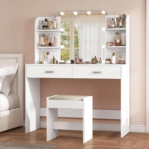 usikey Vanity Desk with Mirror and Lights, Makeup Vanity Set with 2 Drawers and Open Shelves, Makeup Vanity Desk Dressing Table with Cushioned Stool and 10 LED Lights, White thumbnail 3