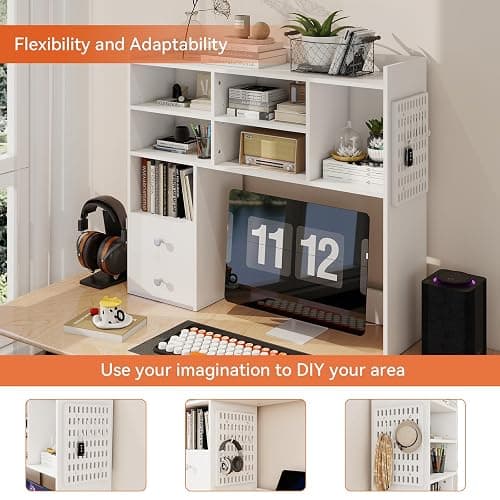 ELECWISH Desktop Bookshelf, Desk Shelf with 2 Drawers for Computer Desk, 36.22" 7-Tier Adjustable Desktop Hutch Organizer with Pegboard for Home Office, White thumbnail 3