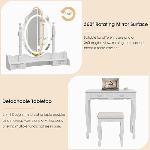 Vanity Desk with Mirror and Lights, Modern Vanity Makeup Table and Cushioned Stool Set with 4 Drawers, 3 Color Lighting Modes with Adjustable Brightness, Dressing Table Set for Bedroom (White Vanity) thumbnail 7