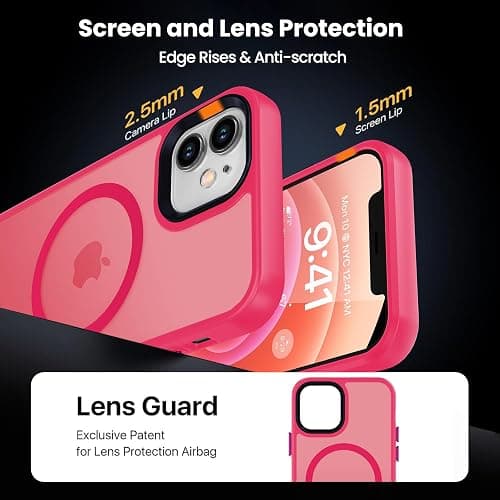 DEERLAMN Magnetic Matte Case for iPhone 12/12 Pro with Screen Protector, [Compatible with MagSafe][Military Grade Drop Protection] Slim Translucent Shockproof Protective Phone Cover, Hot Pink thumbnail 6