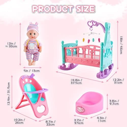 deAO 12” Baby Doll Play Set with Crib, Mobile, High Chair Feeding Accessories, Interactive Dolls for Girls Kids Pretend Play Baby Dolls 21 PCS thumbnail 3