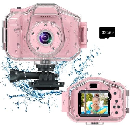 Agoigo Kids Waterproof Camera - Children Underwater HD Video Digital Camcorder, Portable Travel Toy for Toddler - Ideal Christmas Birthday Gifts for Boys Girls Age 3-12 with 32GB Card (Pink) - Image 1