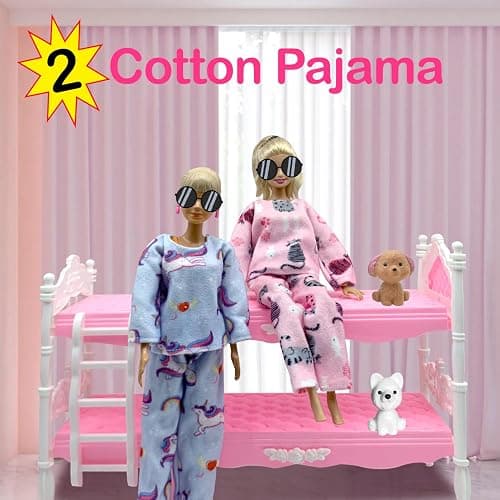 Dolls Clothes and Accessories, Bunk Bed Playset, 2 Pajamas, 2 Fashion Dresses, 2 Clothing Outfits, Bedroome Set for 11.5 inch Dolls, with 2 Blankets thumbnail 5