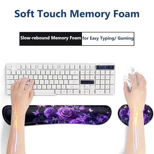 Large Mouse Pad + Keyboard Wrist Rest Set, Extended Gaming Mousepad (31.5X11.8 inch) with Non-Slip Rubber, Ergonomics Memory Foam Mouse Wrist Rest Support, Purple Flowers Painting XXL Desk Pad thumbnail 6
