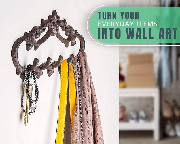 Comfify Brown Cast Iron Wall Hanger – 5 Hooks – Fleur-de-Lis – 12.6" x 5.9" | Fleur-de-lis rustic brown finish; 5 hooks for coats, robes, towels and keys; screws and anchors included; 12.6"L x 5.9"H thumbnail 7