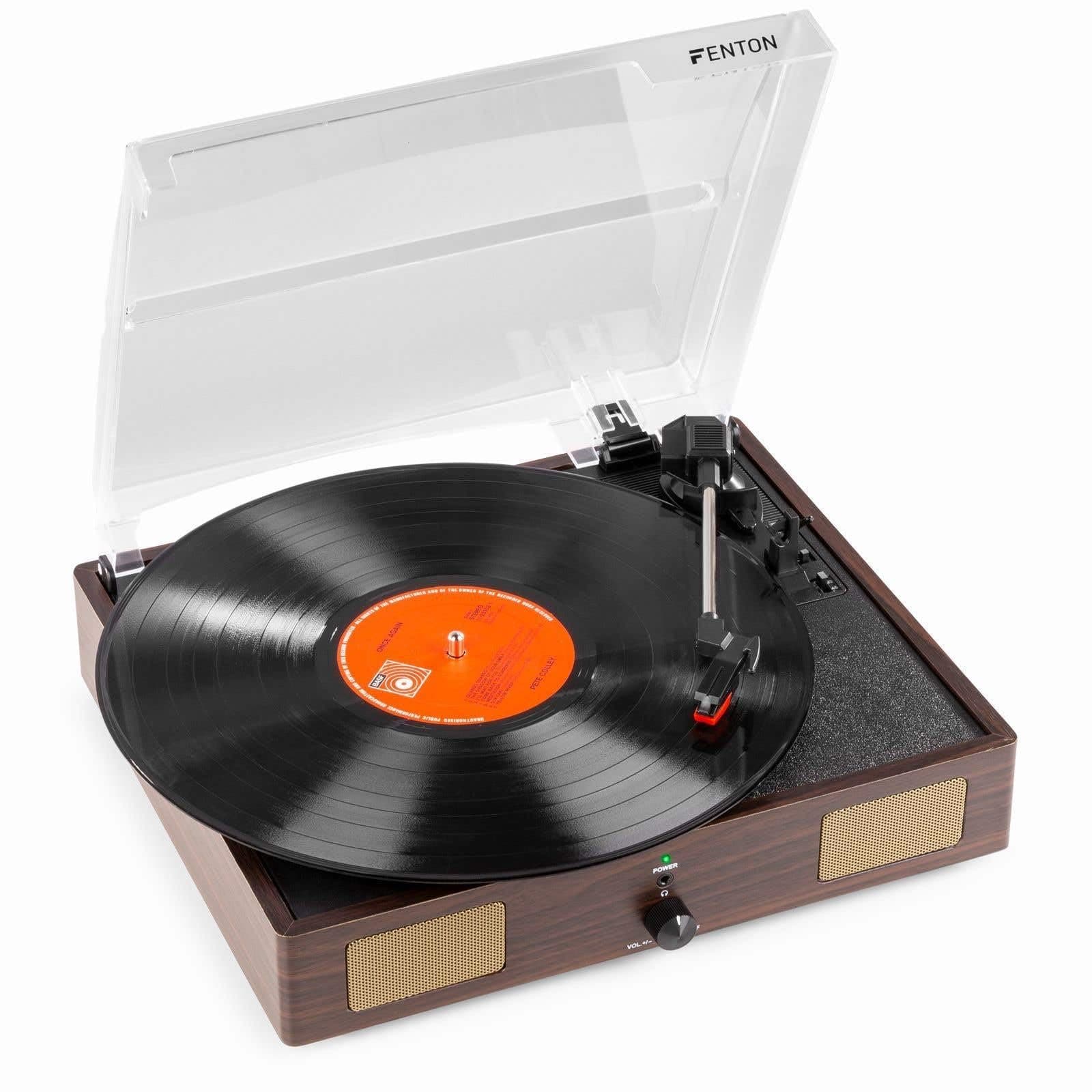 Fenton RP106DW Record Player with Built-in Speakers, Vinyl to MP3 USB Conversion, Ceramic Cartridge, 33, 45 RPM, Dark Wood - Image 1