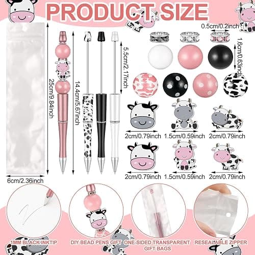Colarr 24 Sets Plastic Beadable Pens DIY Pens Making Kit Assorted Wood Beads Crystal Spacer Black Ink Ballpoint for Women Crafts Office Family Gifts(Cow) thumbnail 2