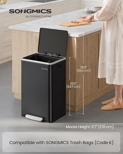 SONGMICS Trash Can, 13-Gallon Gabbage Can, with 15 Trash Bags, Steel, with Soft-Close Lid, Removable Inner Bucket, Handles, Ink Black ULTB595B01V1 thumbnail 2