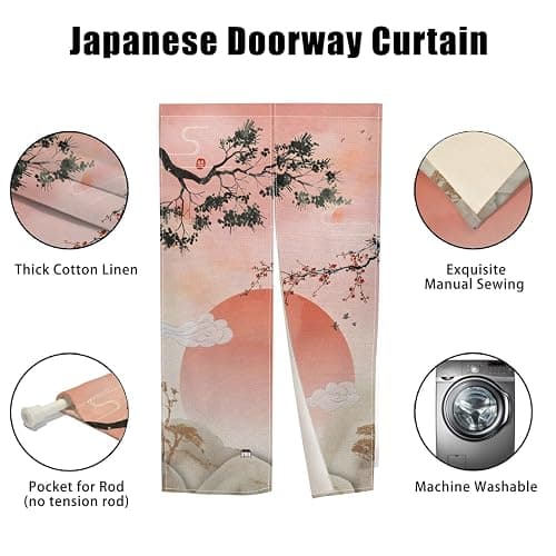 Leowefowa Japanese Traditional Noren Doorway Curtain Long Style Japanese Boho Mount Sun Printed Window Treatment Fengshui Noren Door Curtain Tapestry Panel for Room Divider Home Decor, 28.3"x 47.2" thumbnail 4