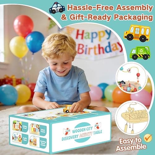 Wooden Montessori Activity Table for Toddlers, Baby Busy Table with Bead Maze, Shape Sorter, Cars & Road Signs, Traffic Learning Activity Center Sensory Toys for Birthday Gift Boys Girls 1+ Year Old thumbnail 7