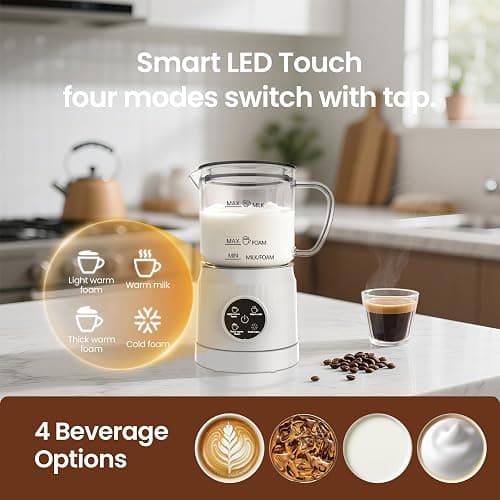 Casimhu 4-in-1 Milk Frother, Electric Milk Frother and Steamer with LED Touch Screen, Ceramic Lining Bottom, Milk Warmer 13.52oz for Lattes, Cappuccinos, and Macchiatos at Home, White thumbnail 4