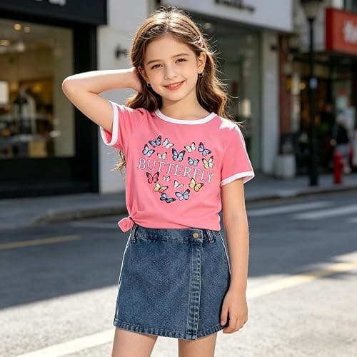 Voxikodex Girls Summer Clothes Butterfly Print Short Sleeve Tops and Denim Skirt Shorts Set Cute Outfits for Kids Girls 5-12Y thumbnail 6