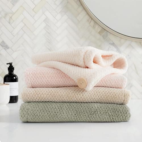 ROLSHOL Extra Large 4 Pack Microfiber Hair Towel Wrap for Women Super Absorbent & Quick Dry Hair Drying Towels with Button, Hair Turbans for Curly Hair Long & Short Hair - Anti-Frizz (green pinstripe) thumbnail 5