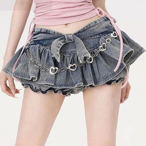 Harajuku Lovely Bow Denim Skirt Y2K Fairycore Vintage Low Waist Sexy Pleated Mini Short Skirts Women Streetwear thumbnail 2