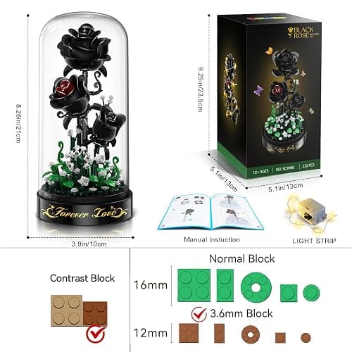 HiWEEGO Flower Building Set with LED Light - 232 PCS Black Rose Building Blocks Kit with Dust Cover, Gift for Mothers Day Wife 3.6MM Flower Botanical Collection Block Toy Home Decor thumbnail 3