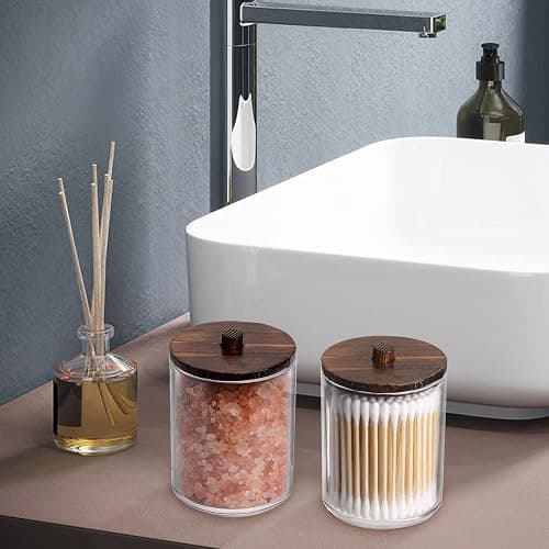 Tbestmax Qtips Holder Bathroom Container, 10 OZ Cotton Ball/Swabs Dispenser, Apothecary Jar Organizer for Storage Brown Wood Lids thumbnail 6