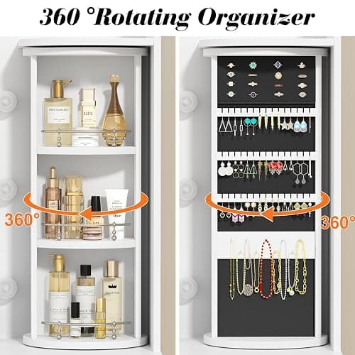 EasyCom Vanity Desk with Rotating Jewelry Organizers, Makeup Vanity with Mirror and Lights, Dressing Table with USB-C Charging Station, 2 Drawers and 1 Cabinets for Bedroom, Dressing Room, White thumbnail 3