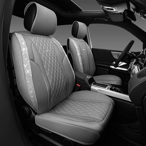 CAR PASS Gray Leather Bling Car Seat Covers Full Set, Luxury Microfiber Nappa PU Cushioned, Waterproof Anti-Slip Universal Fit for Auto SUV Sedan Sparkly Glitter Shining Rhinestone, Gray Diamond thumbnail 2