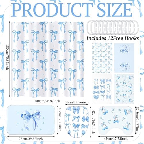 Honeydak 8 Pcs Blue Bow Shower Curtain Set Coquette Blue Bow Bathroom Decor Set Cute Aesthetic Bathroom Curtain with 12 Hooks Anti-Slip Rug Toilet Lid Cover Bath Mat and Towels for Women Home Bath thumbnail 2