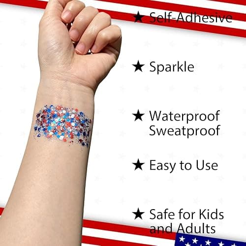 Mysense Patriotic USA Flag Face Hair Glitter for Independence Day Memorial Day Veterans Day, 4th of July Outfits and Accessories for Women Kids, 08# Red White and Blue Glitter Stick, 0.56oz thumbnail 3