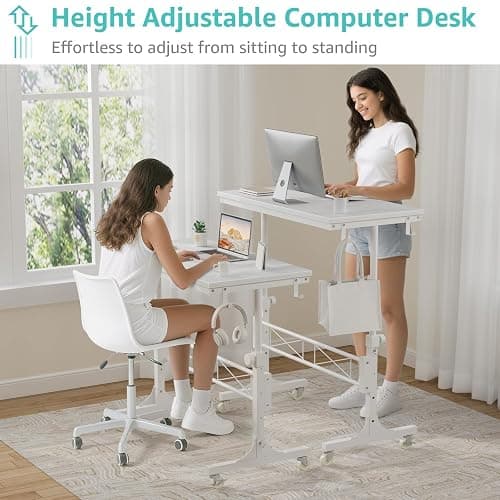 WINAZ Rolling Standing Desk with Wheels, 32" Adjustable Height Small Portable Teacher Desk for Classroom, Mobile Treadmill Walking Pad Table for Laptop, Compact White Home Office Workstation thumbnail 5
