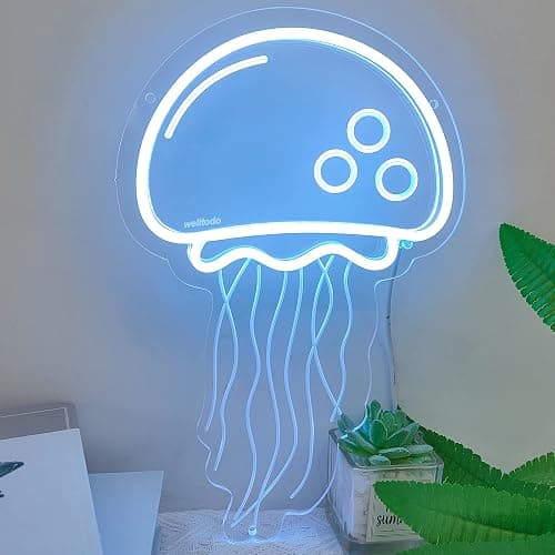 welltodo Jellyfish Neon Signs,Cool Ice Blue Neon Sign for Wall Décor, LED Neon Light Sign for Girls Bedroom Ocean Display Room,Kids Birthday Gift, Wedding Party, Holiday Decoration Powered by USB - Image 1