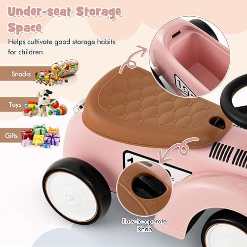 HONEY JOY Ride On Push Car, Outdoor Toddler Riding Toys w/Steering Wheel, Horn & Storage, Foot-to-Floor Sliding Car, No Batteries, Retro Baby Ride On Toys for Boys and Girls (Pink) thumbnail 6