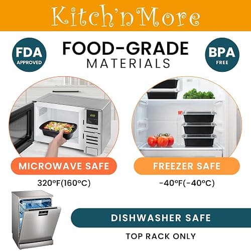 Kitch’nMore 38oz Meal Prep Containers, Extra Large &Thick Food Storage Containers with Lids, Reusable Plastic,Disposable Bento Box,Stackable,Microwave/Freezer/Dishwasher Safe, BPA Free (30Pack) thumbnail 4
