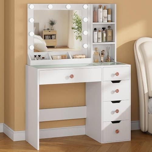 YaoYaoJia Makeup Vanity Desk with Mirror and Lights,35.4" White Vanity with Glass Top,Vanity Table with 5 Drawers,3 Lighting Modes & Brightness Adjustable Dressing Table for Bedroom thumbnail 7