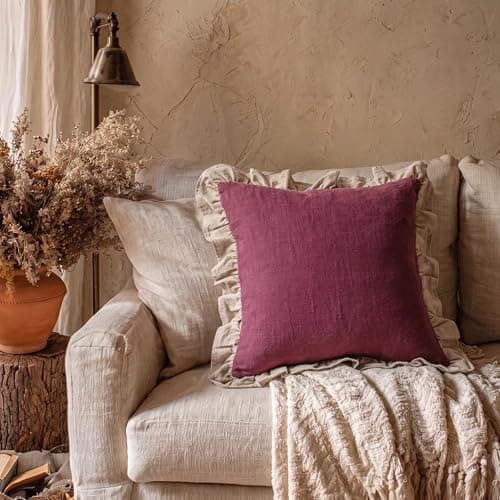 patdrea Vintage Red Linen Throw Pillow Covers,Set of 2,18"x18"-Kubum | Decorative Pillow Cover for Couch Living Room Bedroom Sofa,Rustic Farmhouse Design,Solid Pillow Case with Ruffled thumbnail 2