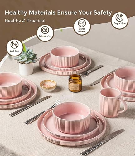 GBHOME Stoneware Dinnerware Sets for 4,12-Piece Plates and Bowls Set | Ribbed Reactive Glaze Ceramic Dish Set, Scratch Resistant, Dishwasher&Microwave Safe,Blush Pink thumbnail 6