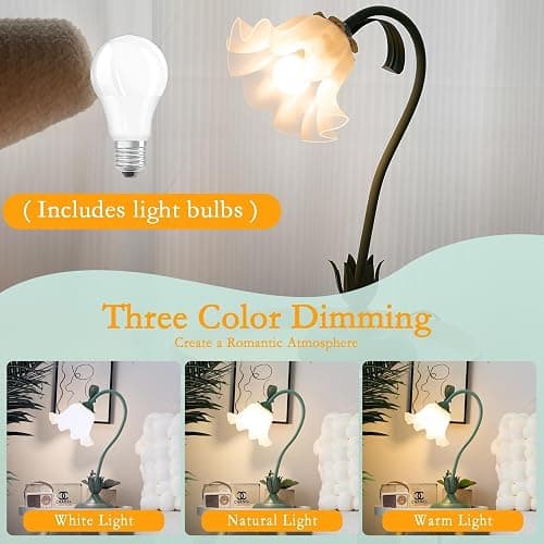 kaixunl Grüne Nachttischlampe,Acryl Blumen Tischlampe,Metall Schreibtischlampe Mädchen, Lampenschirm aus Acryl Frei drehbare Bedside Lamp mit dreifarbiger Beleuchtung für Schlafzimmer Wohnzimmer,50 cm thumbnail 3