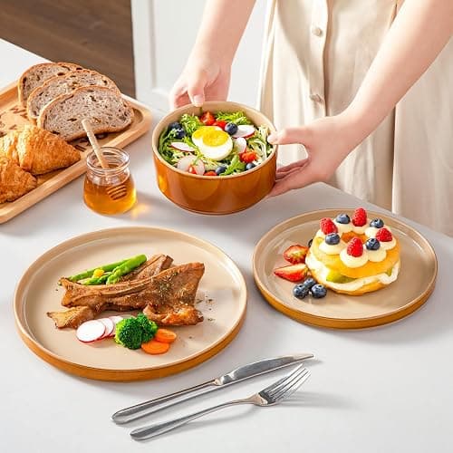 vancasso ONION Ceramic Plates and Bowls Sets, 12 Pieces Brown Dinnerware Sets for Kitchen, Reactive Glaze Dishes Set for 4, Dishwasher and Microwave Safe thumbnail 6