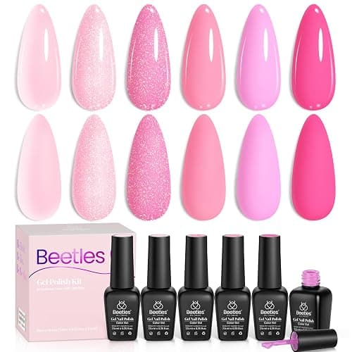 Beetles Pink Gel Nail Polish, 6 Colors Hot Pink Glitter Bright Jelly Gel Polish Soak off Uv LED Cured Nail Art Design Salon Home DIY Manicure Gifts for Women - Image 1