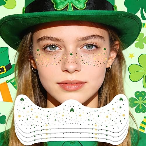 Ovasorve St Patricks Day Accessories Metallic Gold & Green Shamrock Freckles Temporary Tattoos - Shimmer Foil Clover Face Stickers for Women Girls, Waterproof Sparkle Irish Party Makeup (8 Sheets) - Image 1