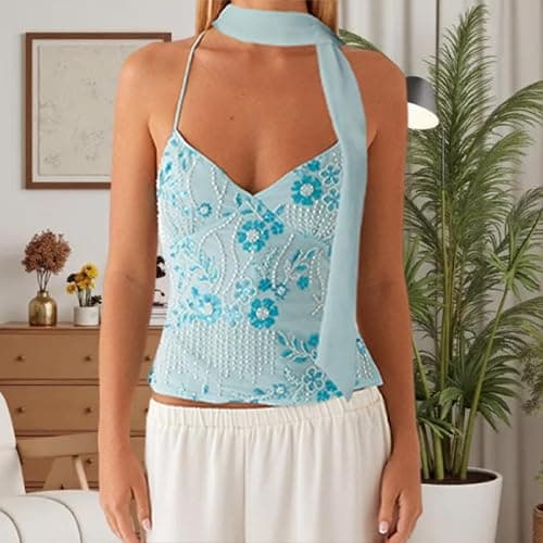 Damen-Top mit Pailletten, glitzernd, Neckholder, Y2K, Perlenverzierung, sexy Tank-Top, Ausgehen, Party, Clubwear thumbnail 3
