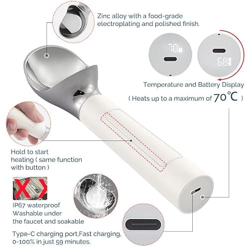 Heated Ice Cream Scoop Rechargeable, Electric Warming Ice Cream Scooper with LED Display, Heats to 158°F for Hard Ice Cream, Easy for Seniors & Kids, IP67 Waterproof (White, 2 oz) thumbnail 3
