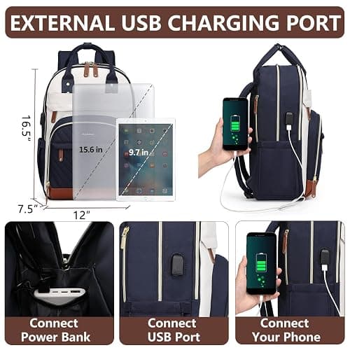 Laptop Backpack for Women, Fits 15.6 Inch Laptop Bag, Fashion Travel Work Backpack Anti-theft Bag with USB Charging, Business Computer Waterproof Backpack Purse, Beige Blue Brown thumbnail 4